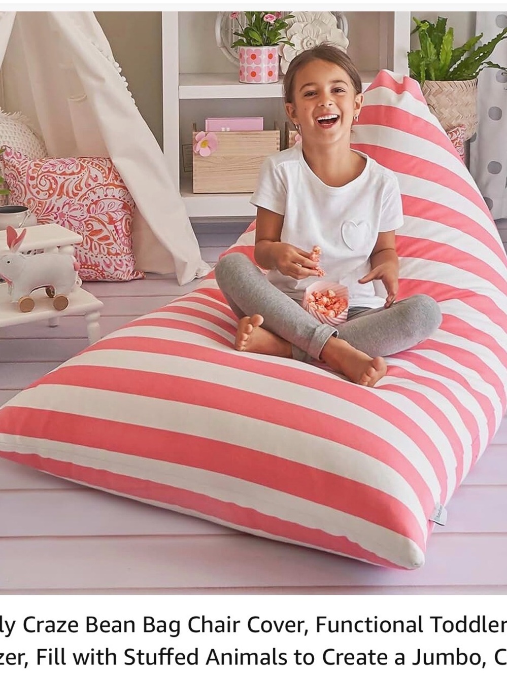 Target Pink and White Striped Kids Bean Bag Lounger is empty